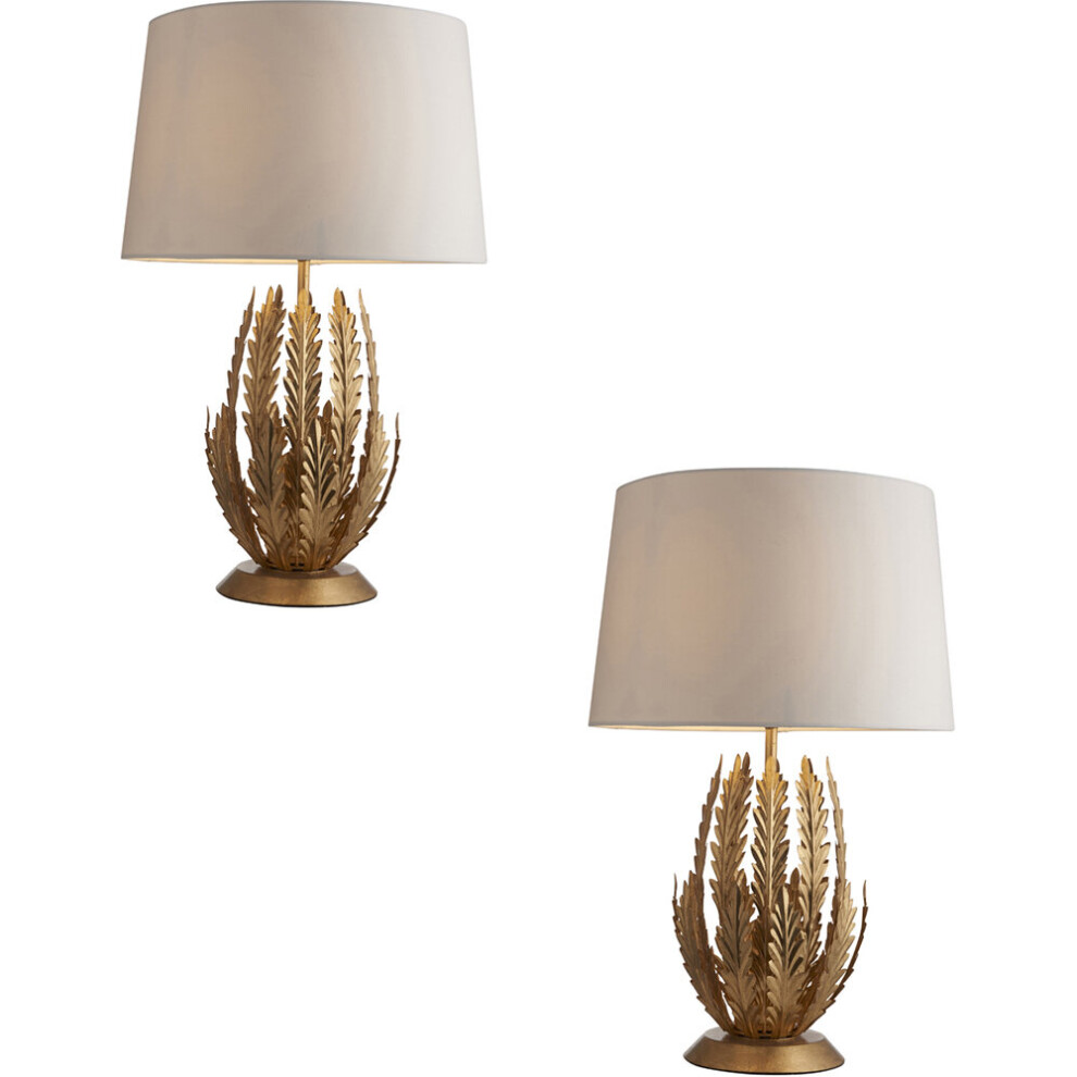 Loops 2 Pack Ornate Gold Table Lamp & Ivory Cotton Fabric Shade Decorative Leaf Design