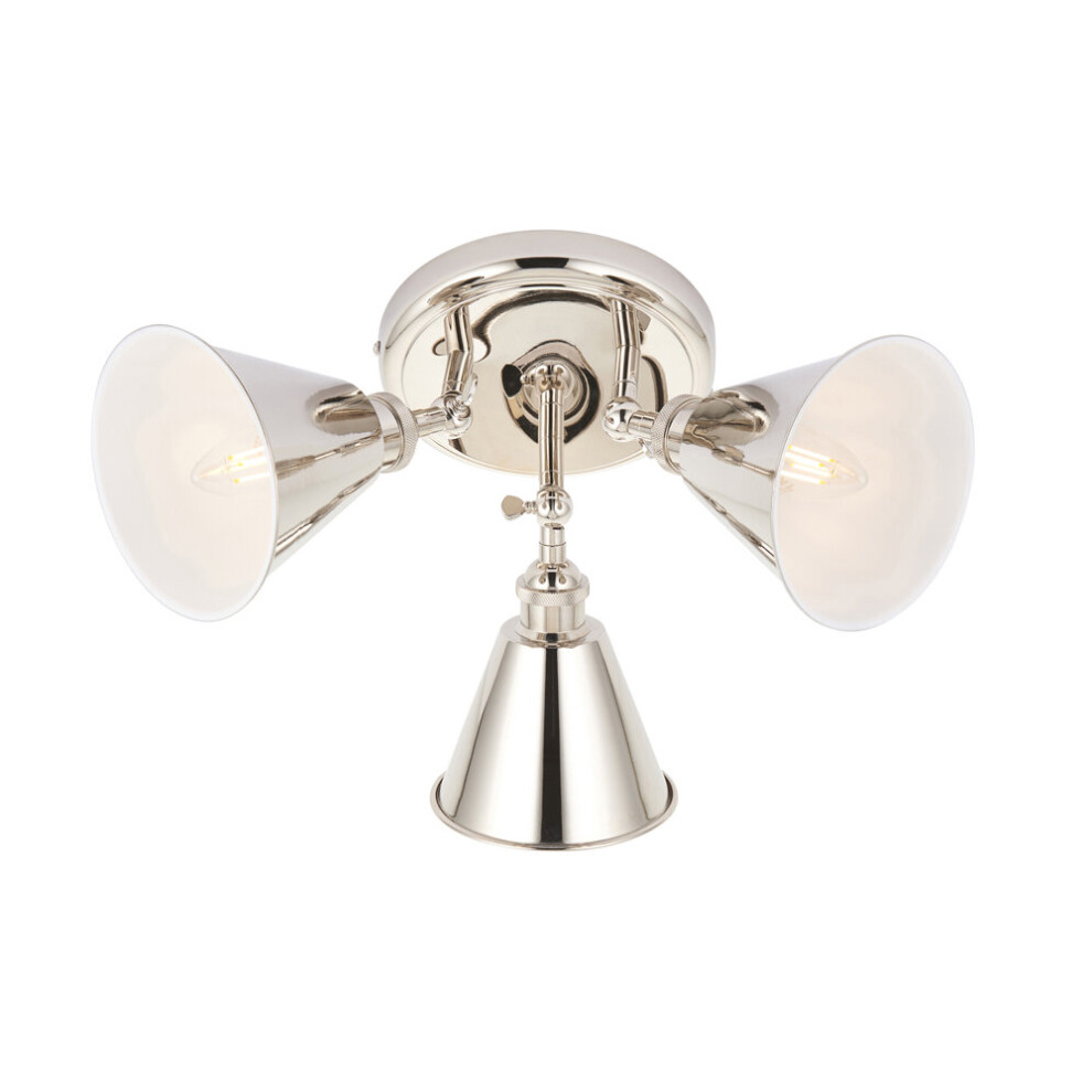 Bright Nickel 3 Light Ceiling Spotlight - White Inner Shade - Knurled Detailing