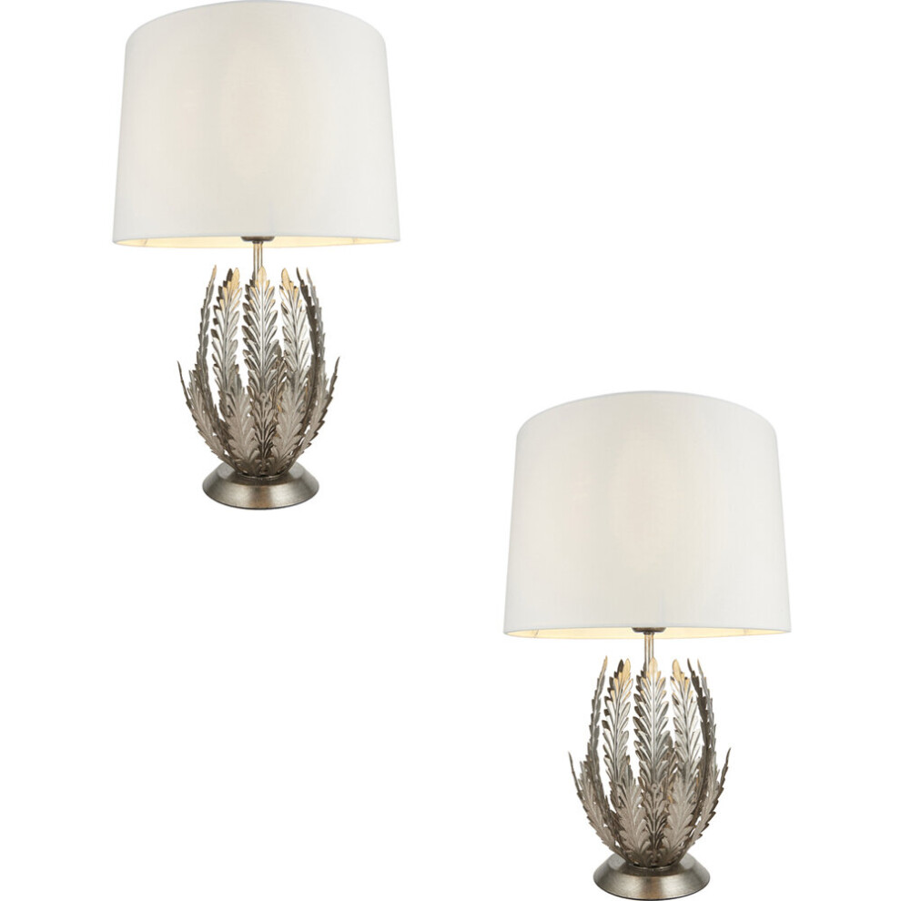 Loops 2 Pack Ornate Silver Table Lamp Ivory Cotton Fabric Shade Decorative Leaf Design