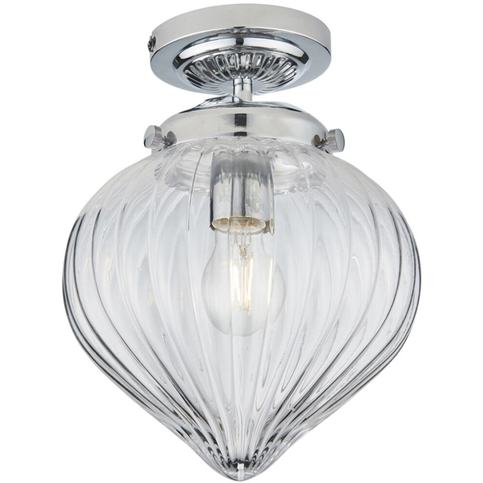 Decorative Flush Bathroom Ceiling Light Fitting - Clear Ribbed Glass Shade