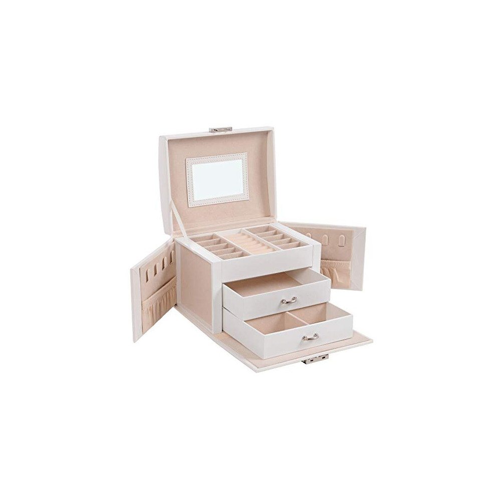 SONGMICS Jewellery Box, Travel Jewellery Case, Portable, Lockable Jewellery Organiser with 2 Drawers, Mirror, Lock and Keys, Gift Idea, Whit