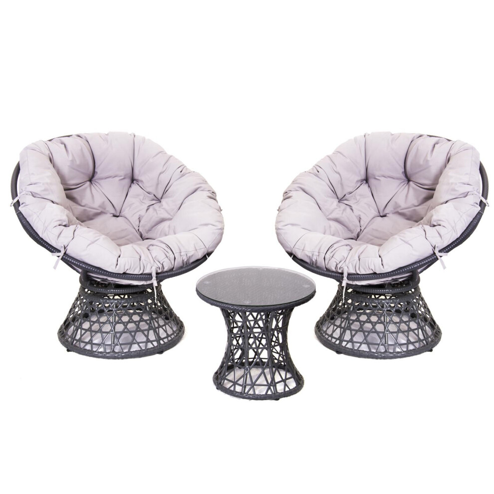 SH&G Rattan Swivel Chairs & Table Set | 360 Papasan Moon Chairs and Table | Grey Rattan with Grey Cushions | Indoor & Outdoor