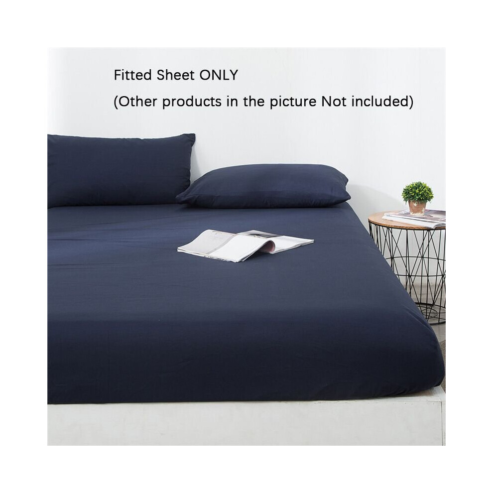 (Navy Blue-Fitted Sheet, Double-135x200+25cm) Deep 15/25cm Fitted Sheet Pillow Case Bed Sheets Single Double King Solid Color