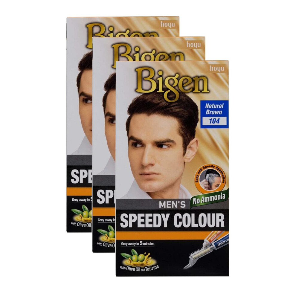 (Pack of 3) Bigen Men's Speedy Colour 104 Natural Brown - Easy & Speedy Application with 2 Applicator Combs - No Ammonia - Excellent Gray Hair Coverag