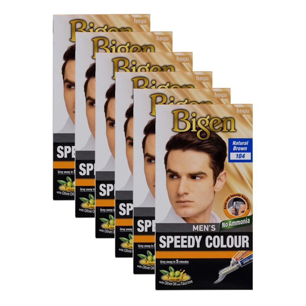 (Pack of 6) Bigen Men's Speedy Colour 104 Natural Brown - Easy & Speedy Application with 2 Applicator Combs - No Ammonia - Excellent Gray Hair Coverag