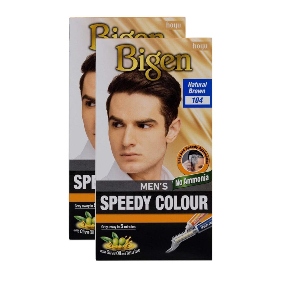 (Pack of 2) Bigen Men's Speedy Colour 104 Natural Brown - Easy & Speedy Application with 2 Applicator Combs - No Ammonia - Excellent Gray Hair Coverag