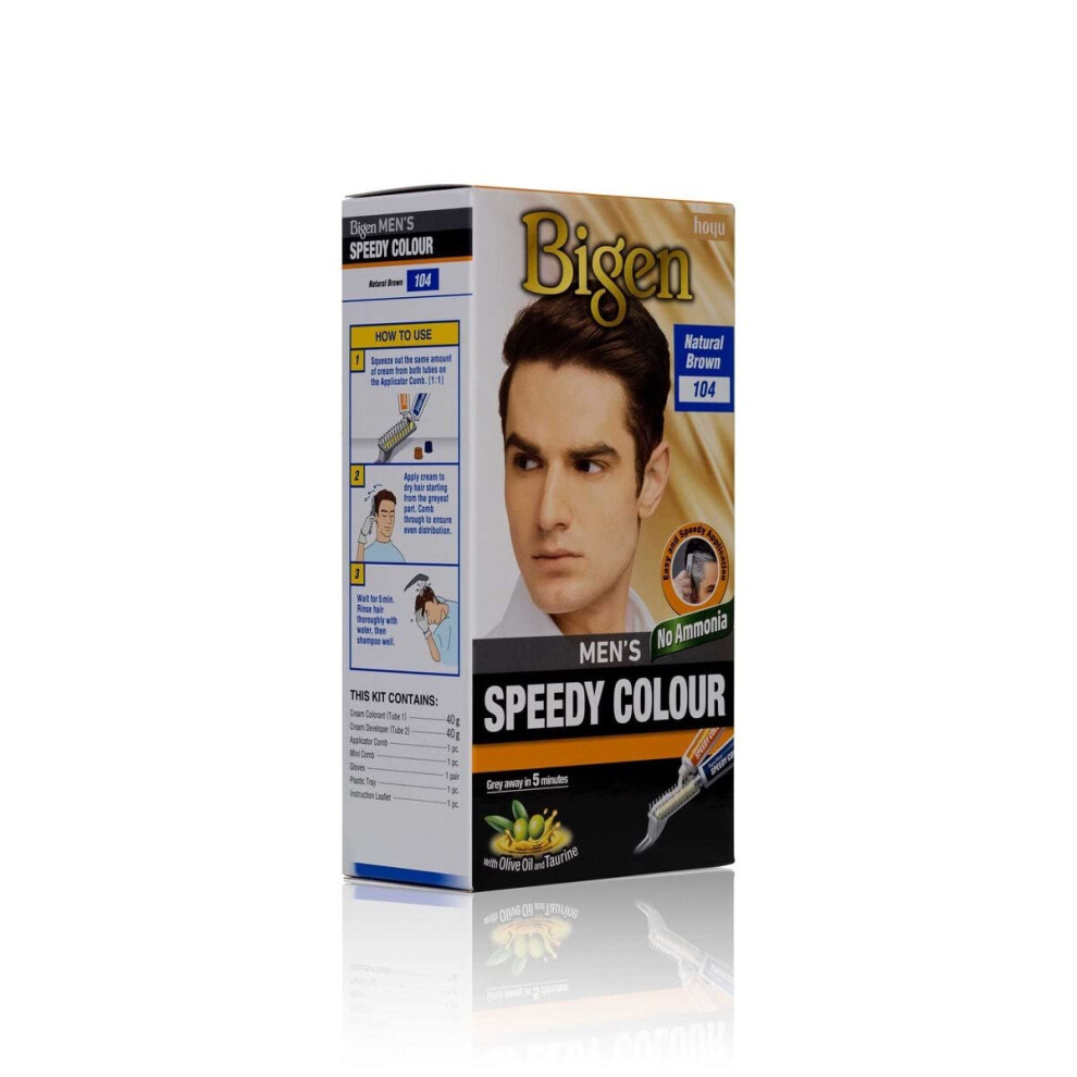 (Pack of 1) Bigen Men's Speedy Colour 104 Natural Brown - Easy & Speedy Application with 2 Applicator Combs - No Ammonia - Excellent Gray Hair Coverag