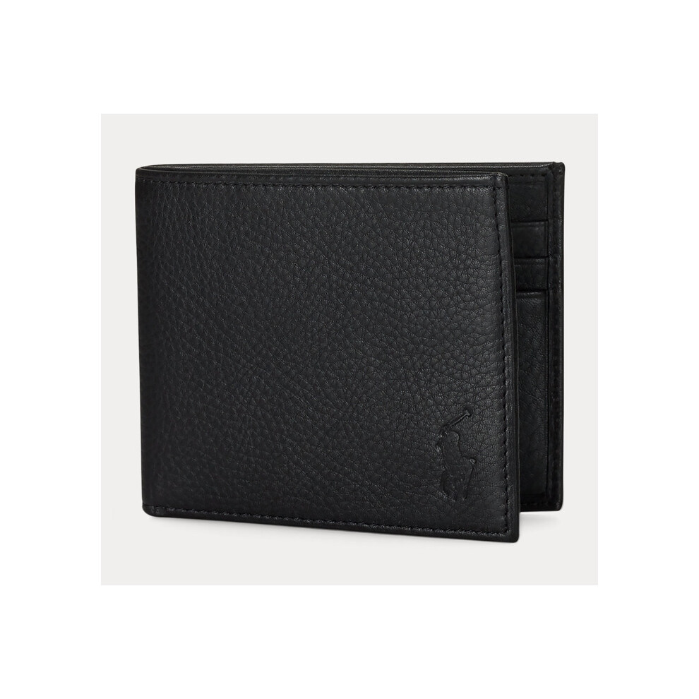 (Black) Polo Ralph Lauren Mens Bifold Pebble Leather Card & Bill Slim Wallet