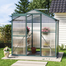 4ft × 6ft Greenhouse Polycarbonate Aluminium Greenhouse with Window, Sliding Door, and Foundation
