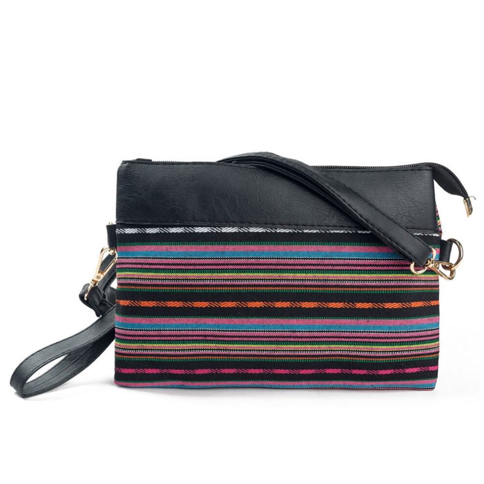 (#1) Women Canvas Clutch Bag PU Splice Striped Print Wrist Strap Street Shoulder Handbag