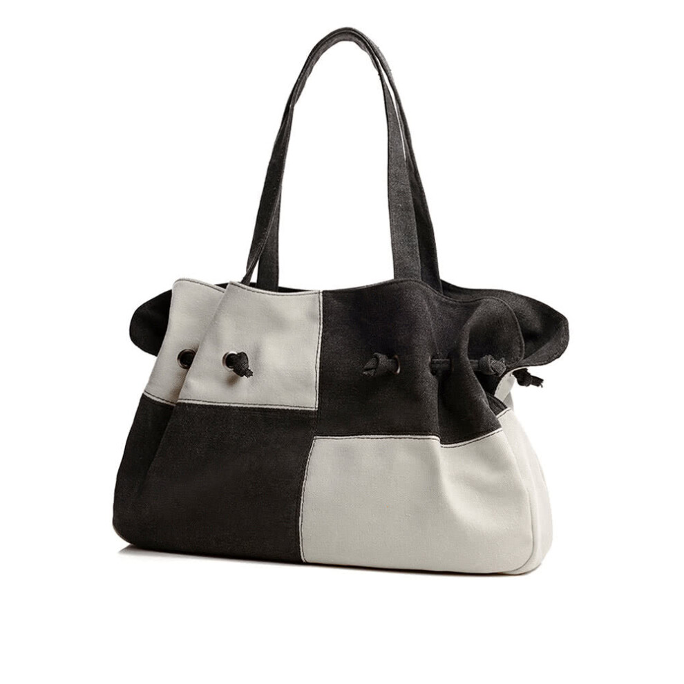 (Black) Women Canvas Handbag Contrast Color Casual Messenger Shoulder Bag Tote Black/Blue/Grey/Red