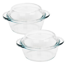 (2) 840 ml Pasabahce Large Round Casserole Dish Glass Bakeware Ovenware with Lid New