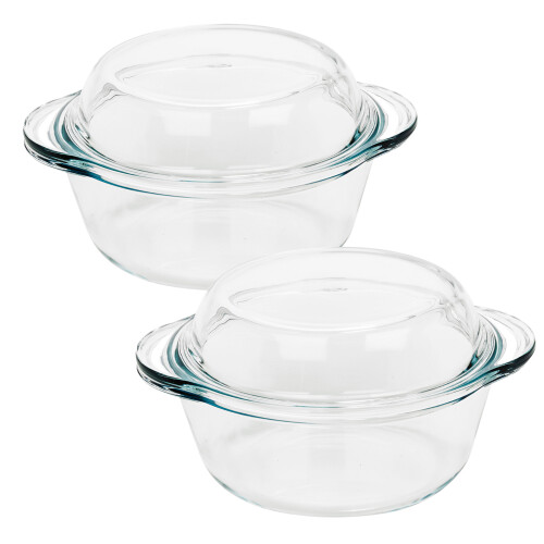 (2) 840 ml Pasabahce Large Round Casserole Dish Glass Bakeware Ovenware with Lid New