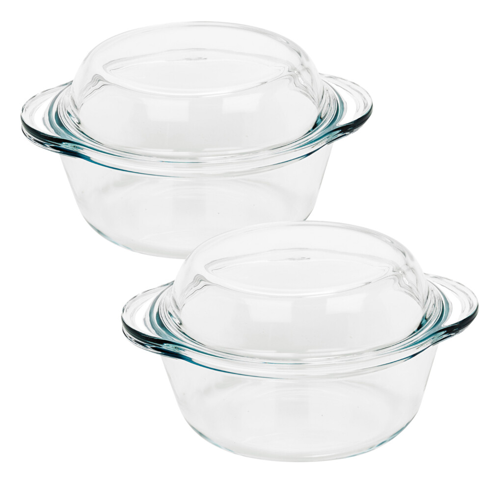 (2) 840 ml Pasabahce Large Round Casserole Dish Glass Bakeware Ovenware with Lid New