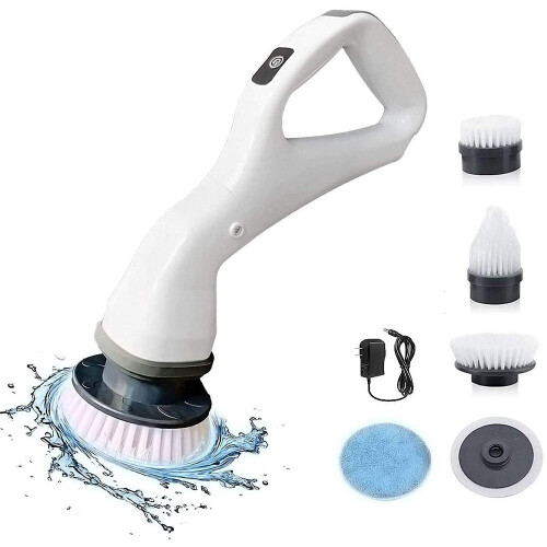 (US Plug) Electric Spin Scrubber Rechargeable Power Cleaning Brush With 4 Replaceable Brush Heads