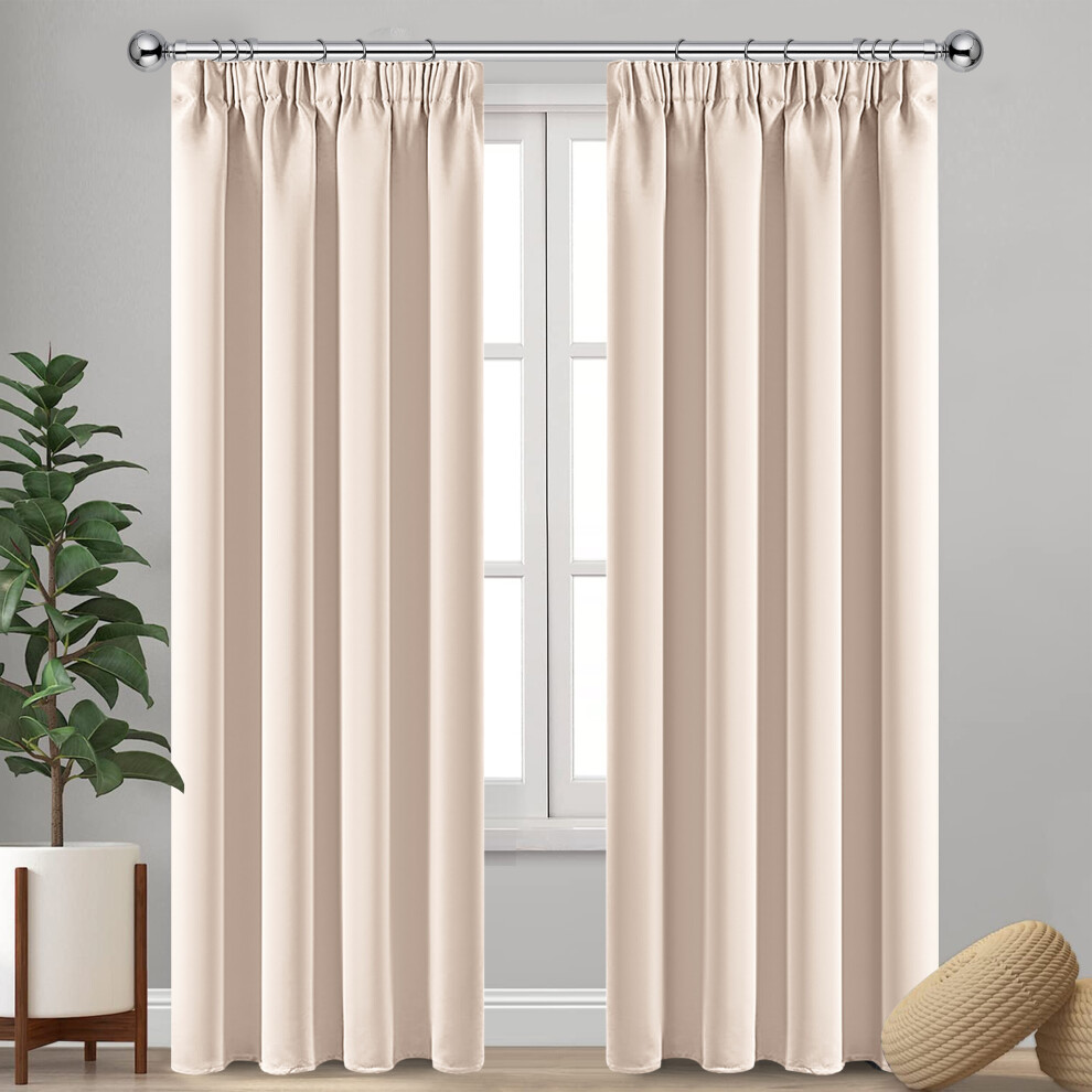 (Cream, 66" x 72") Blackout Thermal Curtains Pair Pencil Pleat Curtain Ready Made Pair Panel With Free Tie Backs