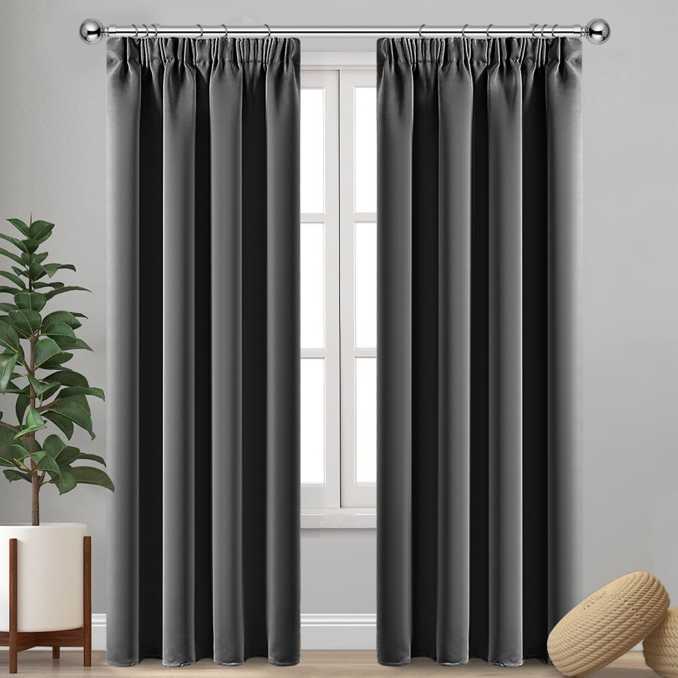 (Grey, 66" x 54") Blackout Thermal Curtains Pair Pencil Pleat Curtain Ready Made Pair Panel With Free Tie Backs