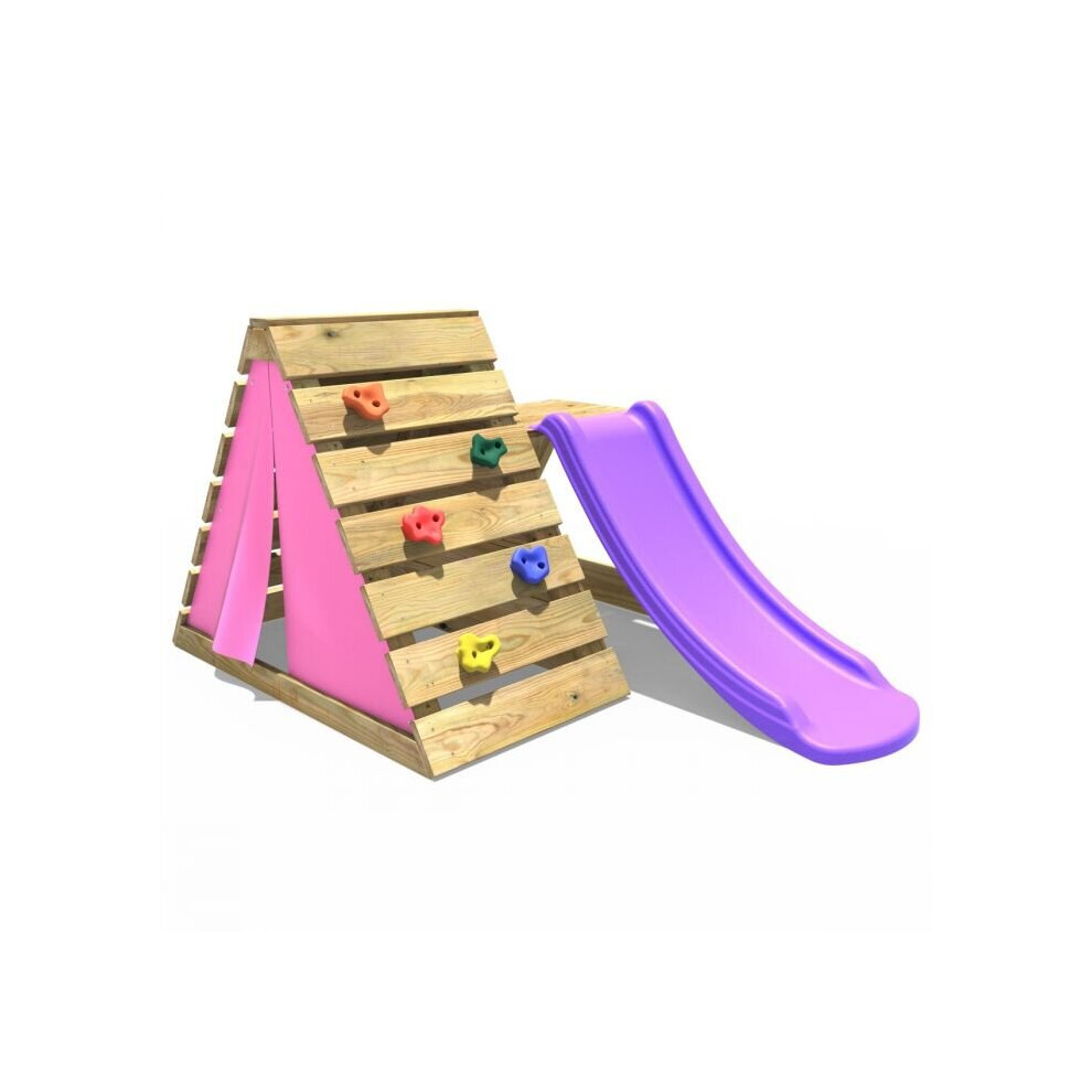 Wooden Climbing Pyramid with Climbing Wall, Secret Den and Slide - Pink