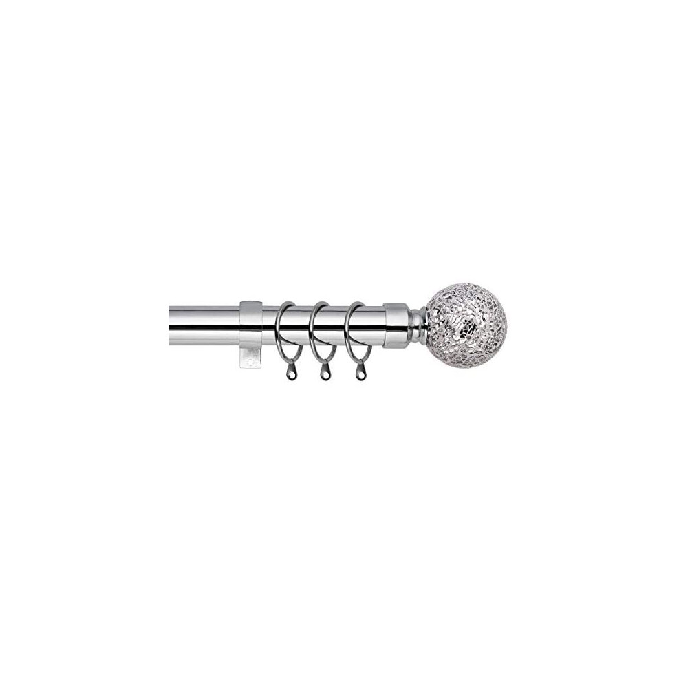 Mosaic Ball Extendable Curtain Pole. Includes Pair Of Superior 60mm Size Finials, Rings, Brackets & Fittings Set. (Chrome, 70cm - 120cm, 28