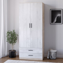 (Oak Carcass + Ash Grey Drawers) Tall 2 Door Wardrobe With 2 Drawers Metal Runners