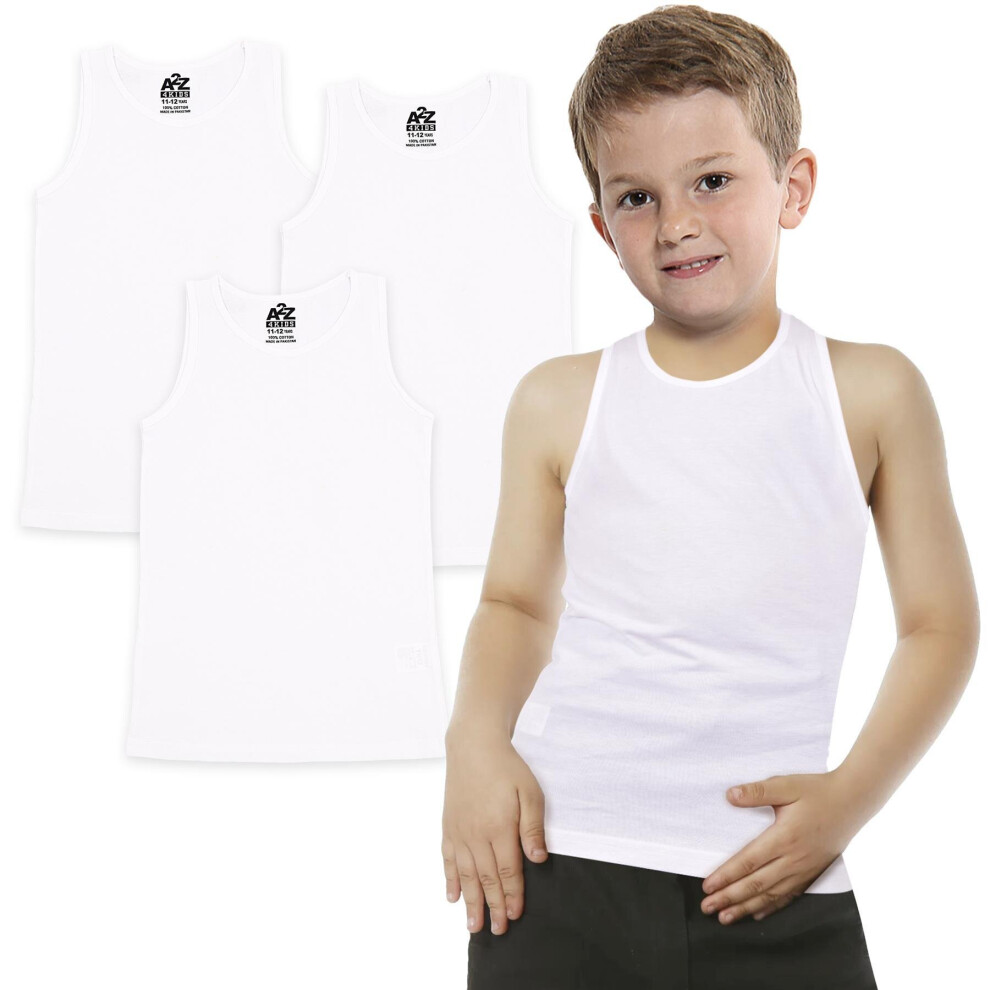 (11-12 Years, 3 Pack White) Boys Vest Top 100% Cotton Fashion Summer School Vest