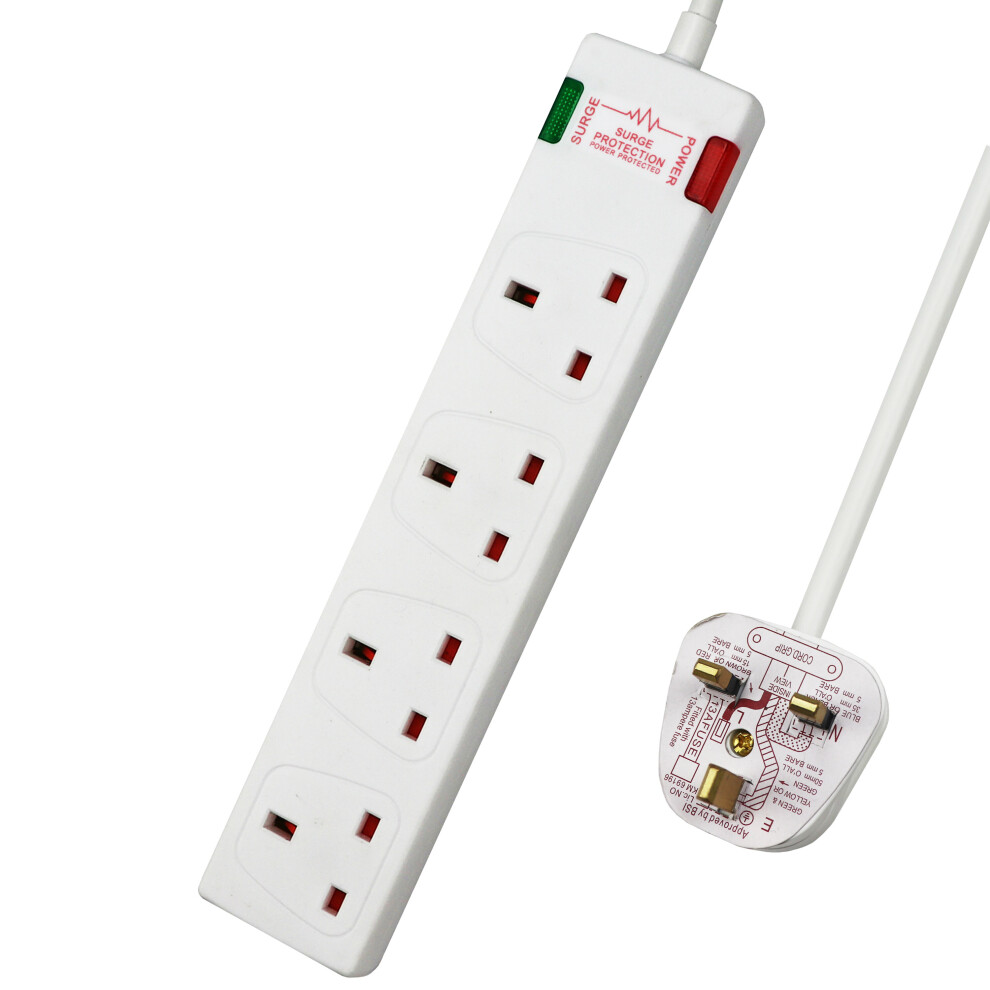 ExtraStar 4 Way Extension Lead with Surge Protection, 13A/250V~ Multi Sockets Power Strips, 3120W Fused UK Plug Wall Mounted Power Socket with 3M