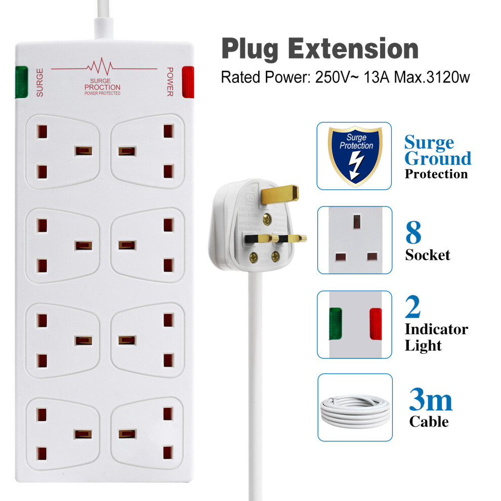 EXTRASTAR 8 Way Extension Leads with Surge Protection, 13A 3120W Approved British UK Wall Mounted Power Strips with 3 Metre Extension Cord