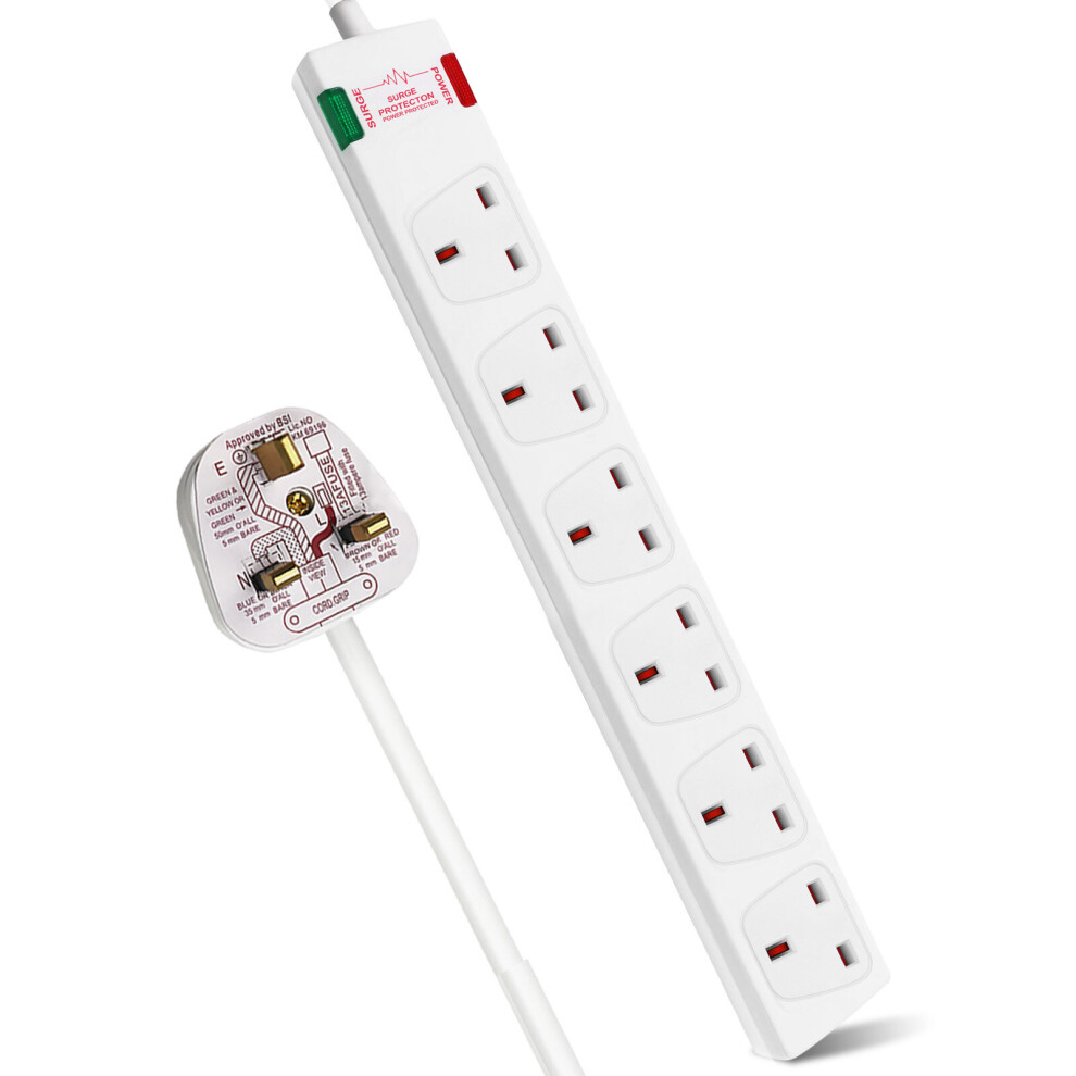 EXTRASTAR 6 Way Extension Leads with Surge Protection, 13A 3120W Approved British UK Wall Mounted Power Strips with 1 Metre Extension Cord, White