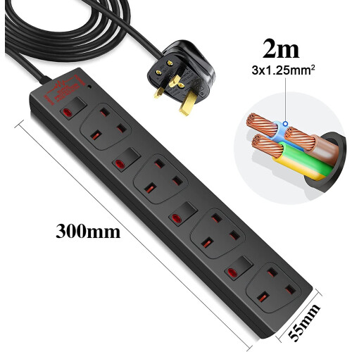 ExtraStar Extension Lead Surge Protection 4 Way Outlets, 13A Power