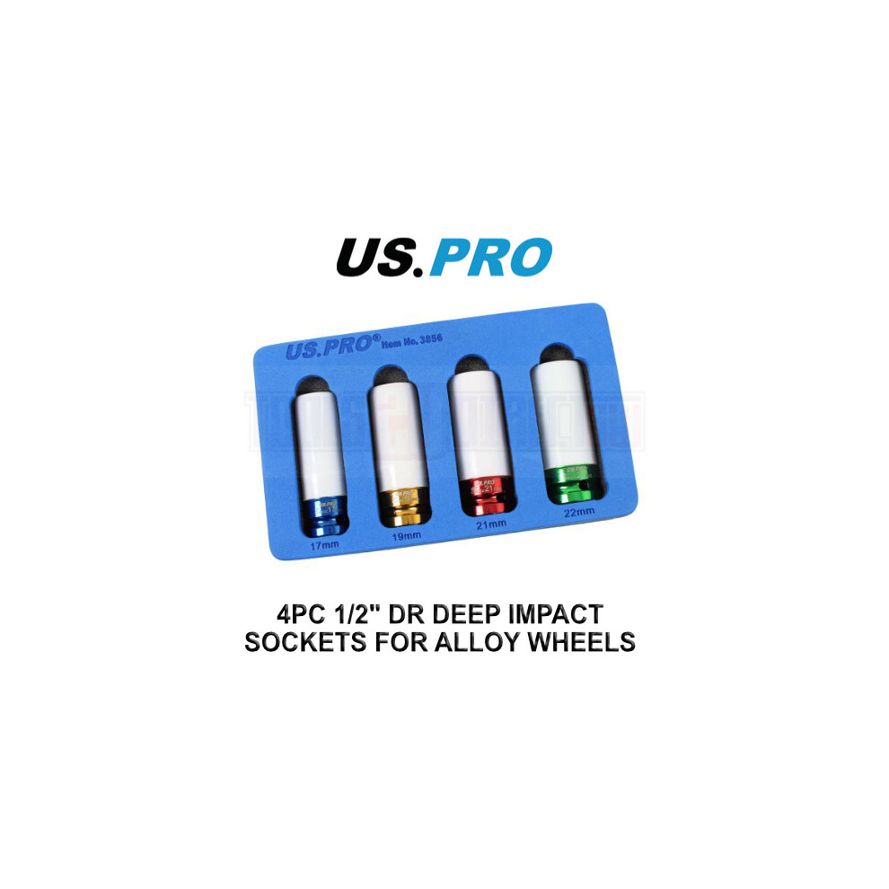 US PRO 4PC 1/2" DR Alloy Wheel Impact Sockets 17mm, 19mm, 21mm & 22mm 3856