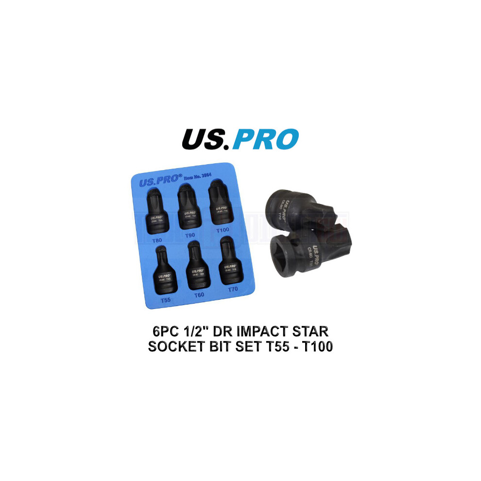 US PRO Tools 6pc 1/2" DR Impact Star Torx Bit Socket Set T55 T60 T70 T80 T90 T100 3864