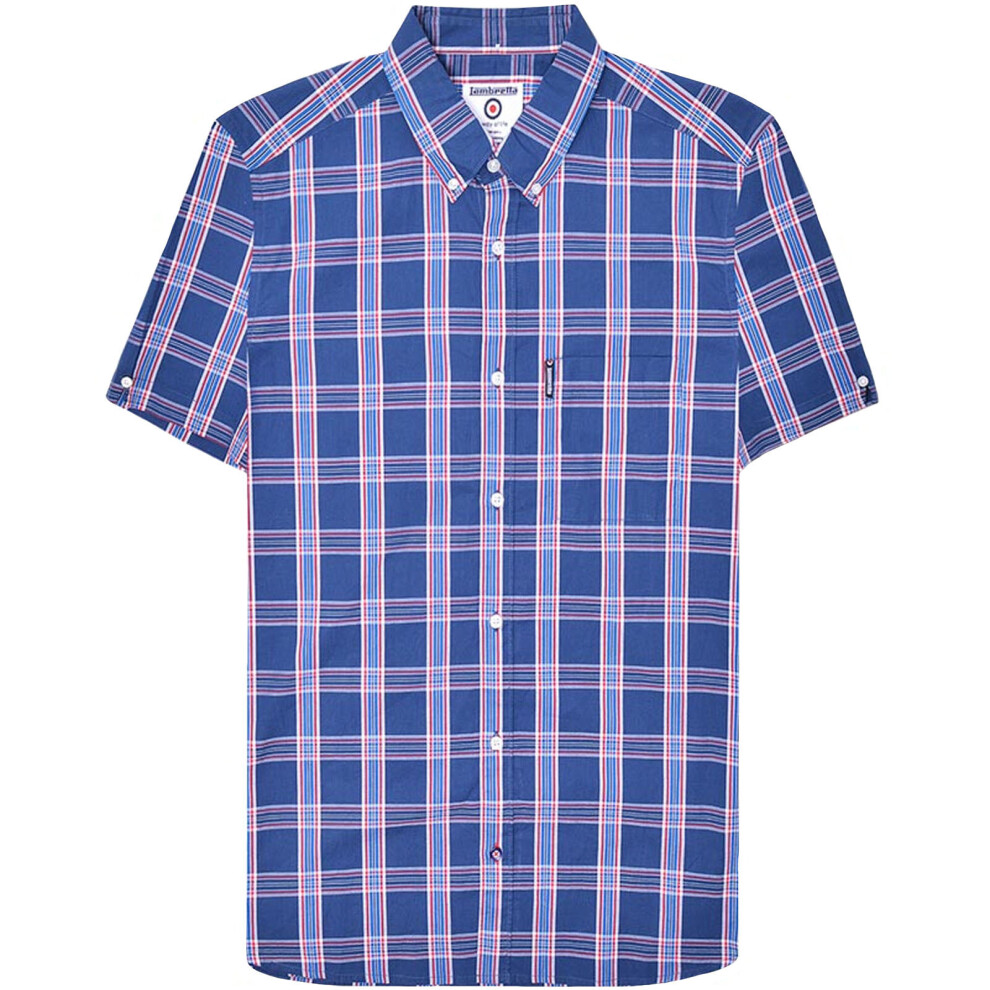 (S, Navy/Red) Lambretta Mens Short Sleeve Button Front Cotton Check Shirt - Navy/Red