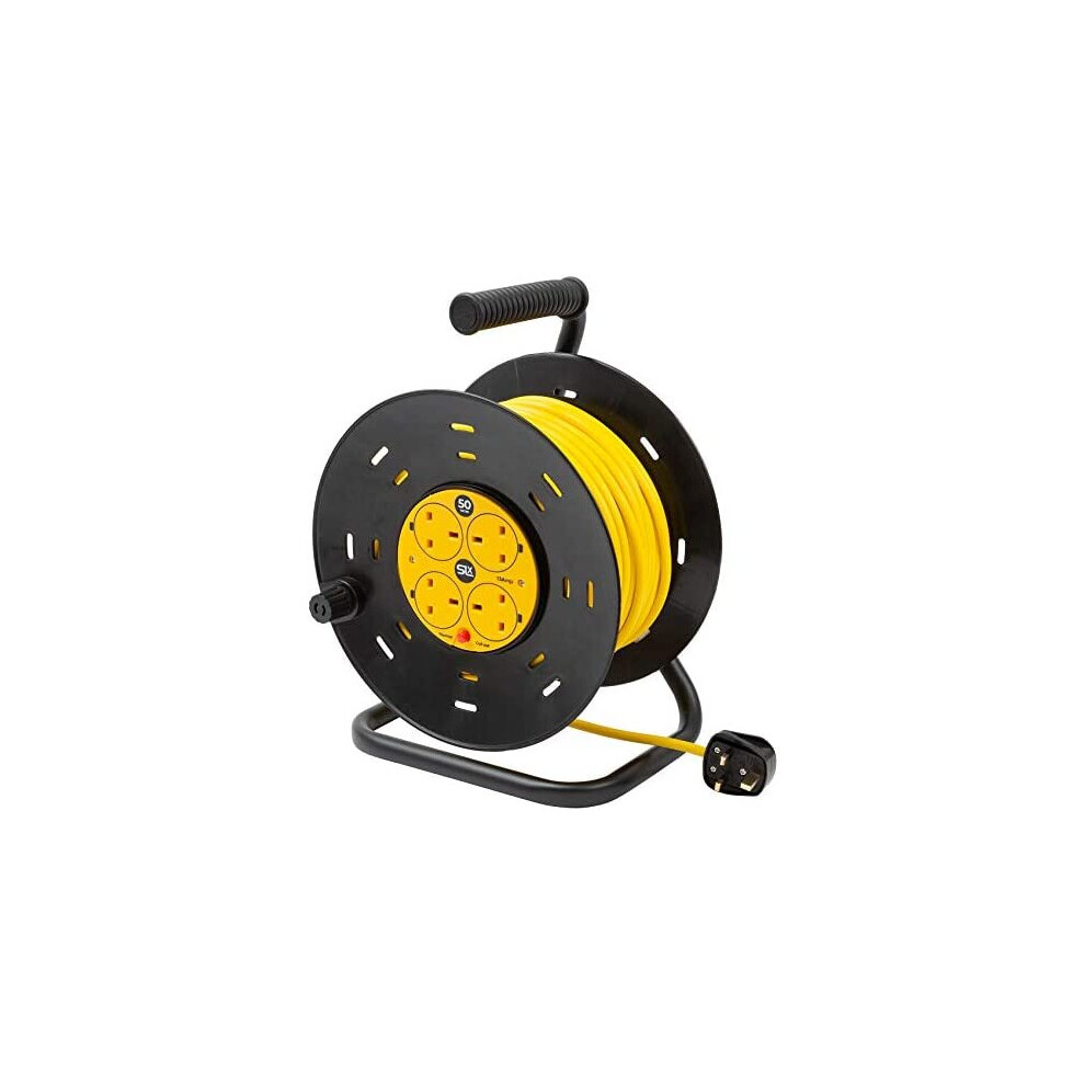 Extension Lead 50m Heavy Duty Cable Reel, 4 Socket Cord Reel UK Plug Socket with Thermal Cut-Out Protection 13A Fused Plug