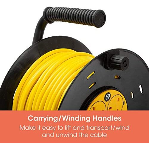 Extension Lead 50m Heavy Duty Cable Reel, 4 Socket Cord Reel UK Plug