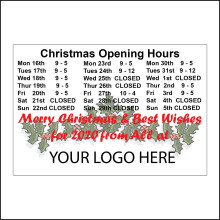 (600 x 400mm - 24 x 16, Sticker / Sav - White Background) CM971 Christmas Opening Hours Personalise Merry company logo Your Choice Sign
