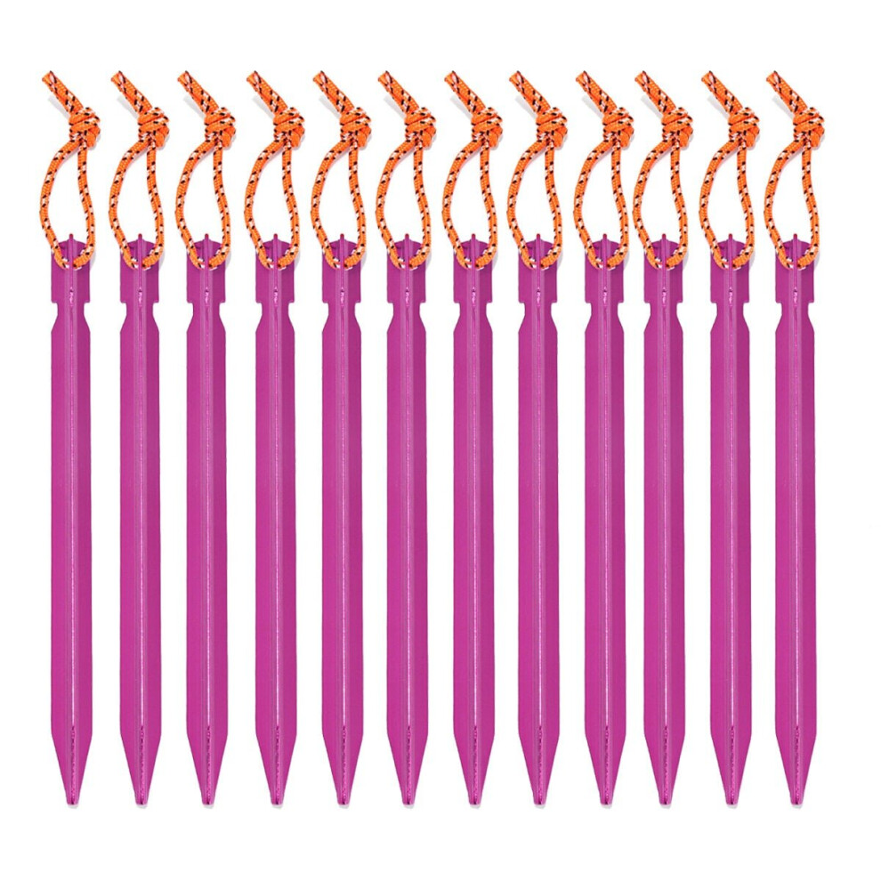 (Purple) 12PCS Aluminum Alloy Tent Nail Pegs Stakes With Rope Lightweight Camping Outdoor