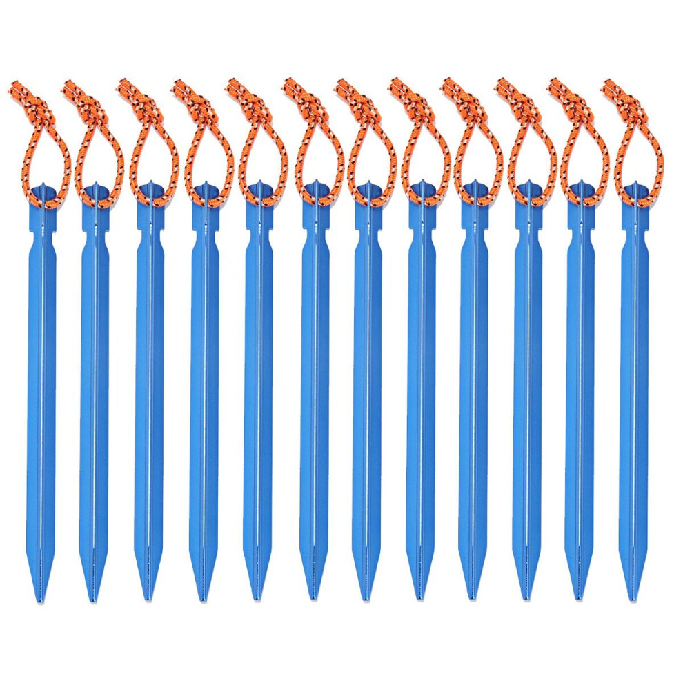 (Blue) 12PCS Aluminum Alloy Tent Nail Pegs Stakes With Rope Lightweight Camping Outdoor