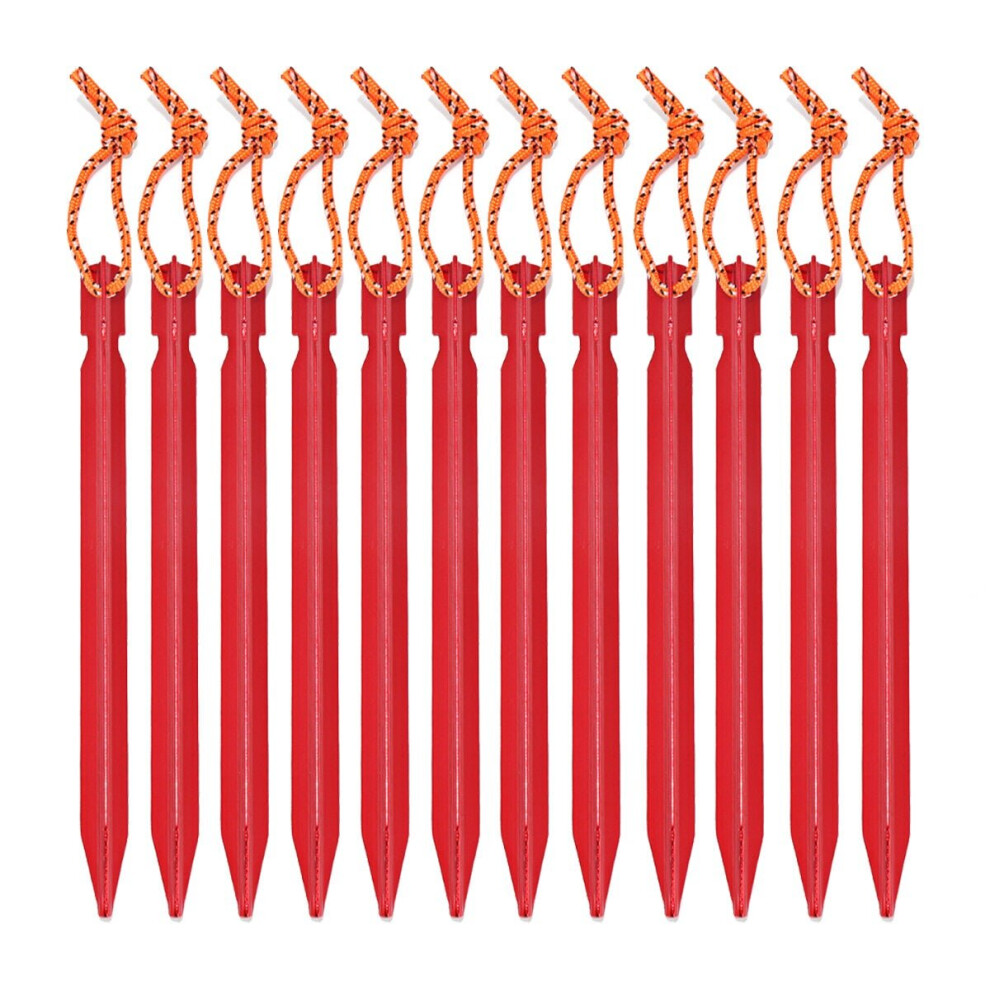 (Red) 12PCS Aluminum Alloy Tent Nail Pegs Stakes With Rope Lightweight Camping Outdoor