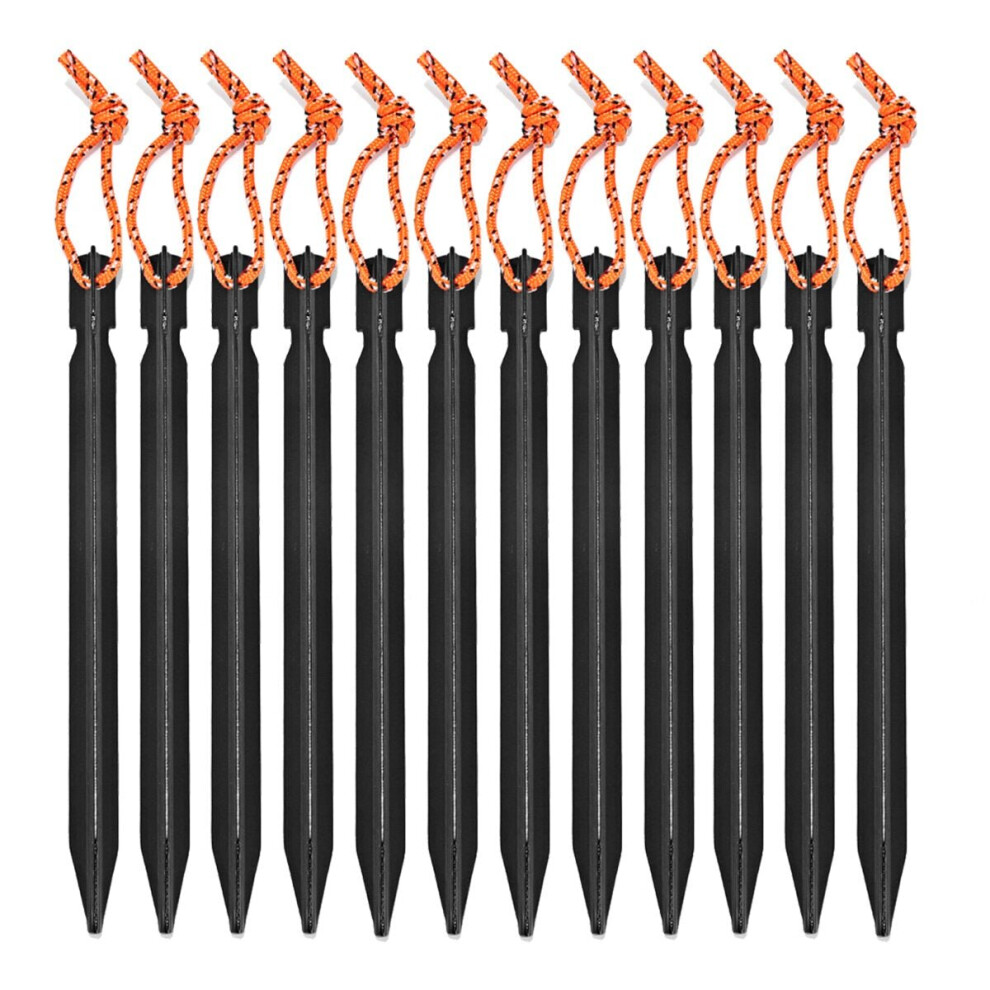 (Black) 12PCS Aluminum Alloy Tent Nail Pegs Stakes With Rope Lightweight Camping Outdoor