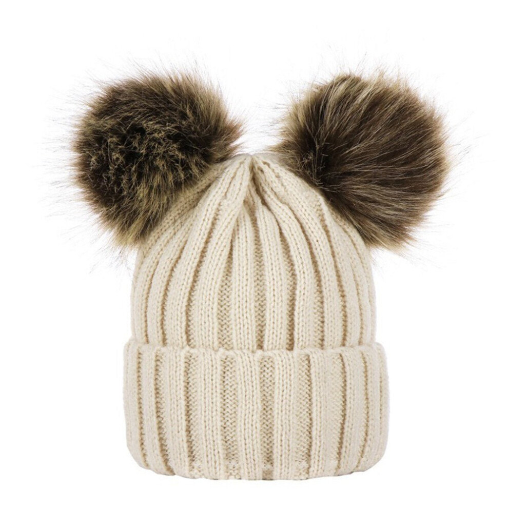 (Beige, For MoM) Winter Warm Women and Kids Knitted Crochet Wool Hat