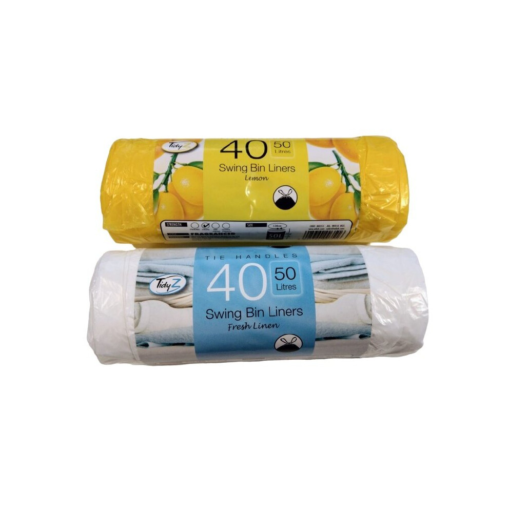 Tidy Z 80X 50L Scented Swing Bin Liners - Lemon & Fresh Linen, Tie-Handle, Stronger Bags, 2 Rolls Of 40