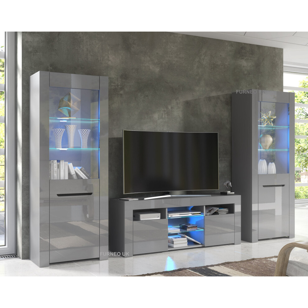 (Blue LED Lights) Grey Living Room Set TV Stand Display Cabinets High Gloss & Matt MilanoG LED Lights