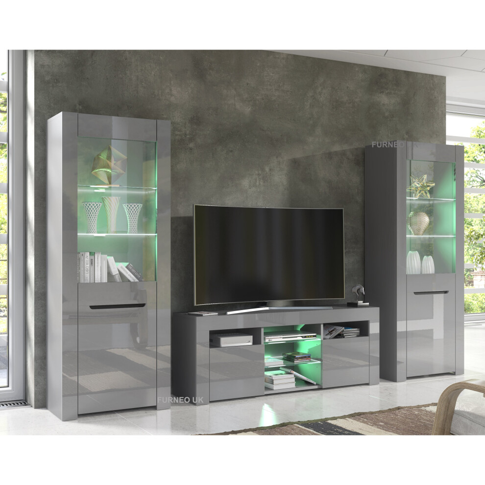 (RGB (multicoloured) LED Lights) Grey Living Room Set TV Stand Display Cabinets High Gloss & Matt MilanoG LED Lights