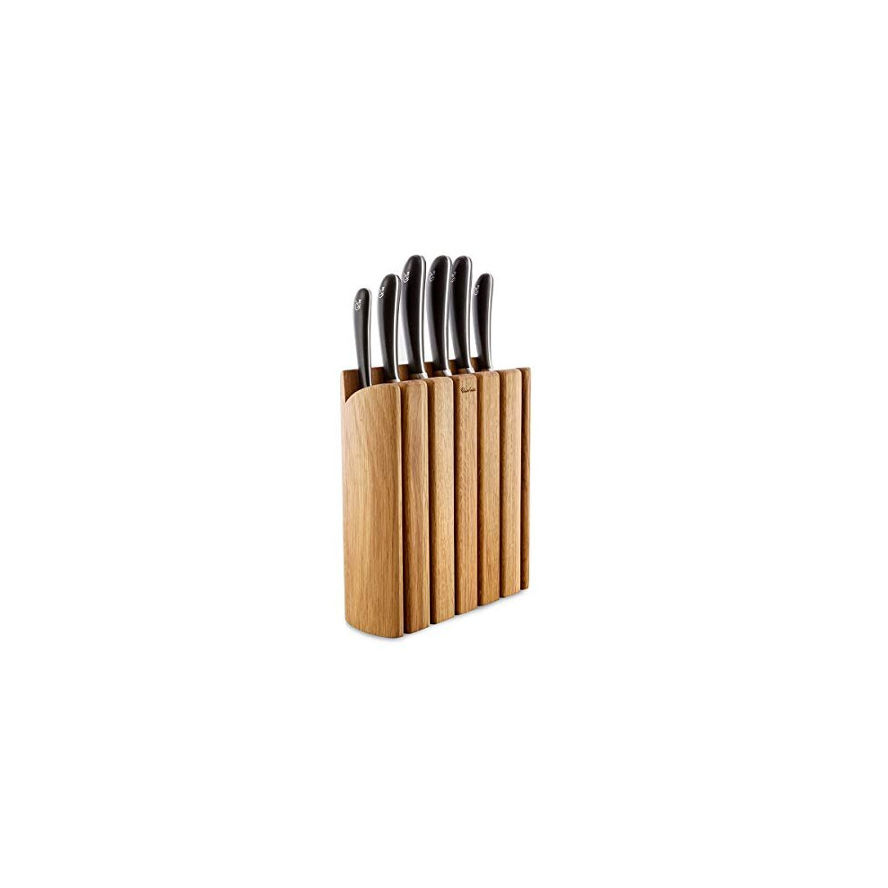 Robert Welch Signature Book Oak Knife Block Set. Multi Award Winning Design  Vegetable/Paring 10cm, Santoku 11cm, Kitchen 14cm, Cooks 18cm, Bre