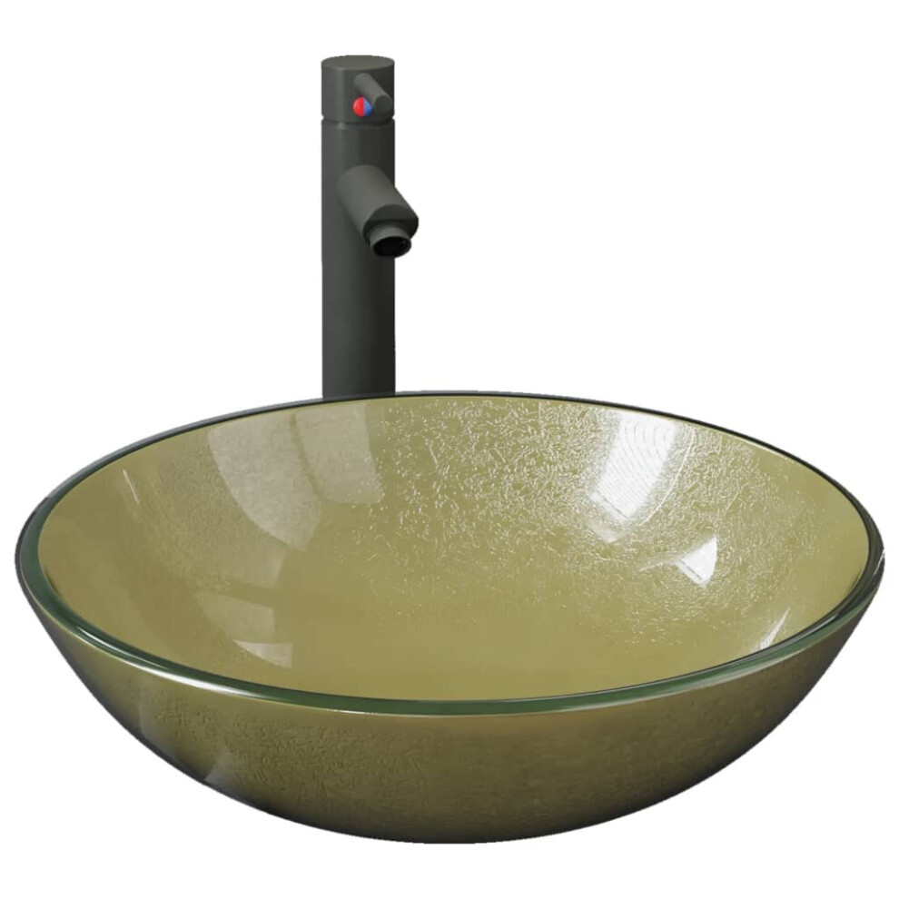 vidaXL Bathroom Sink with Tap and Push Drain Gold Tempered Glass Wash Basin