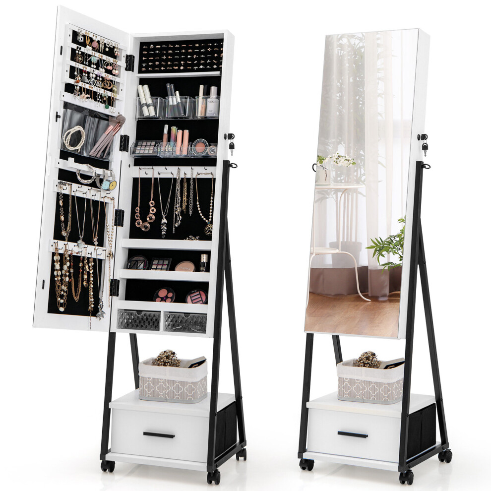 Standing Mirror Jewelry Cabinet Jewelry and Makeup Organizer w/Mirror