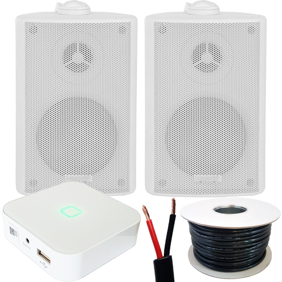 Loops 80W Mini Wifi Stereo Amplifier & 2X 60W 3" White Outdoor Wall Speaker System