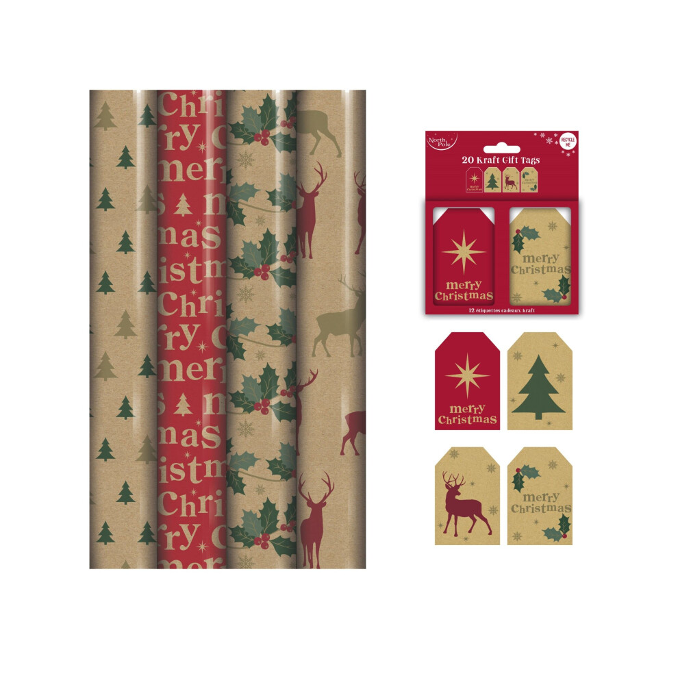 Kraft Brown Eco Christmas Gift Wrapping Paper 4 x 4M Rolls + Tags