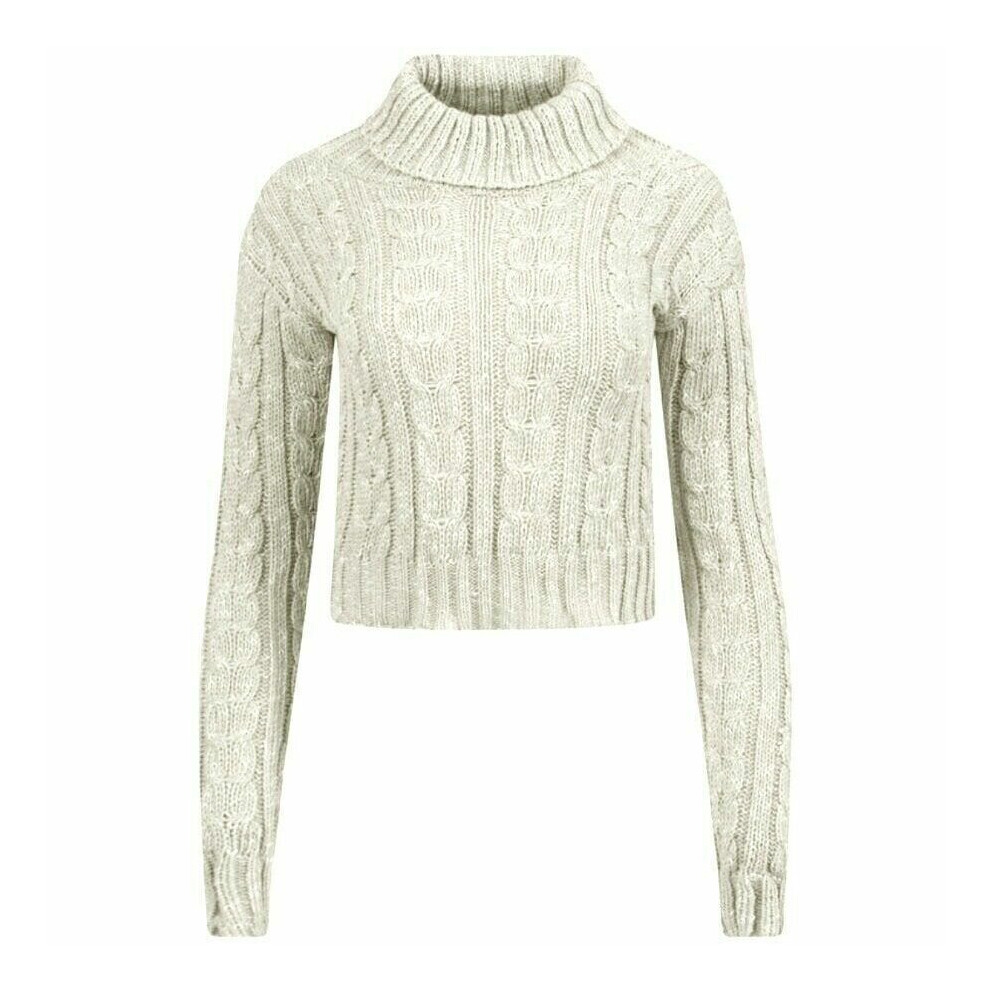 (Cream, SM (UK 8-10)) Ladies Roll Polo Neck Cable Knitted Crop Jumper Long Sleeve Sweater Winter Top