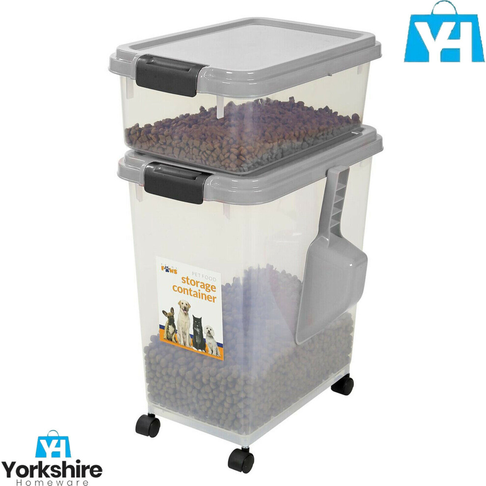 (Grey) 13L Airtight Dog Cat Pet Food Storage Dry Container Portable Bin On Wheel Spoon